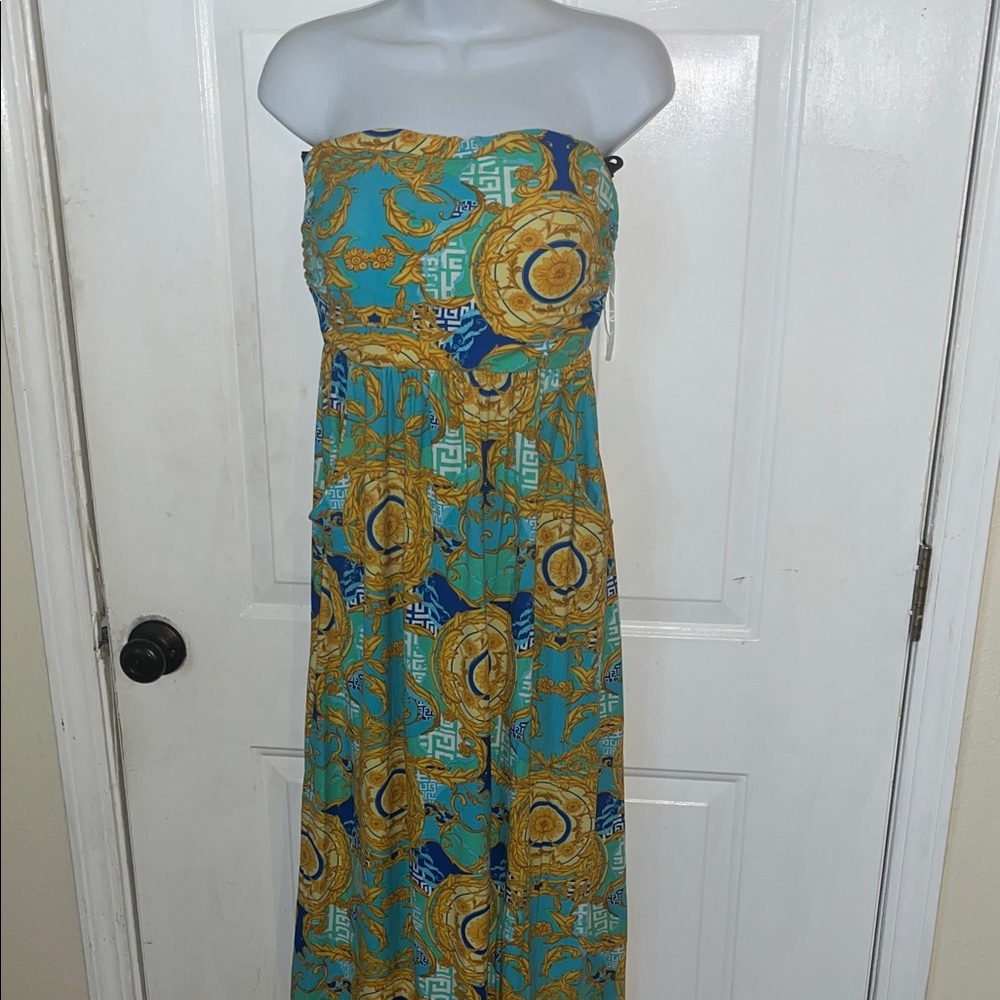 Absolutely Strapless Teal and Gold Dress